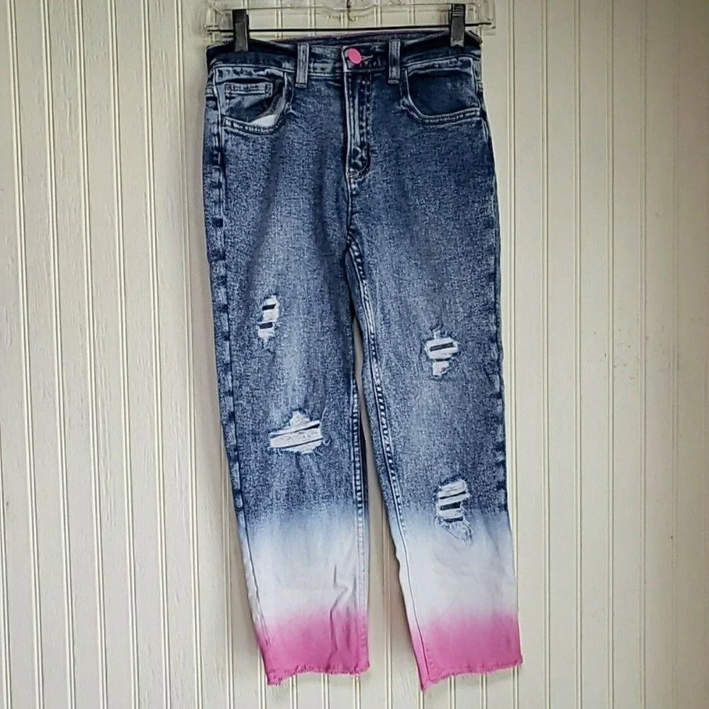 Justice Jeans Girls 12 Blue Pink Ombre Distressed Raw Hem Skinny Ankle Denim